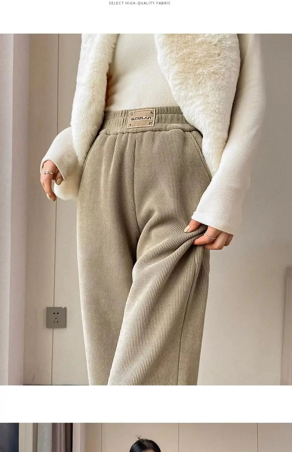 Winter Warm Thicken Lambswool Straight Pants Women Casual Elastic High Waist Fleece lined Wide Leg Pantalones Chic Baggy Pants