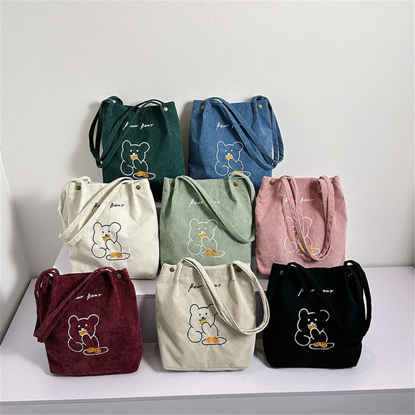 Cartoon Embroidered Bear Shoulder Bag Foldable Corduroy Handbag For Women Large Capacity Tote Bags Eco Friendly Shopping Bag