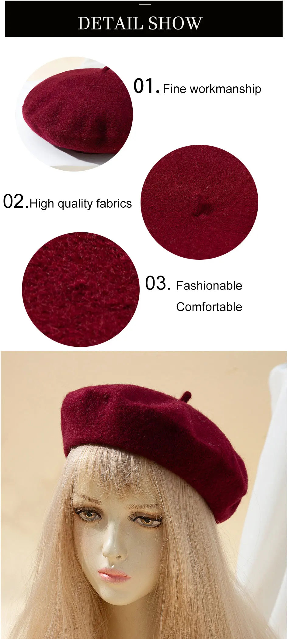 Beret Women's Fashion Retro Casual Wool Beret Artist Hat Wool Versatile Knitted Round Top Bud Hat Warm Hat