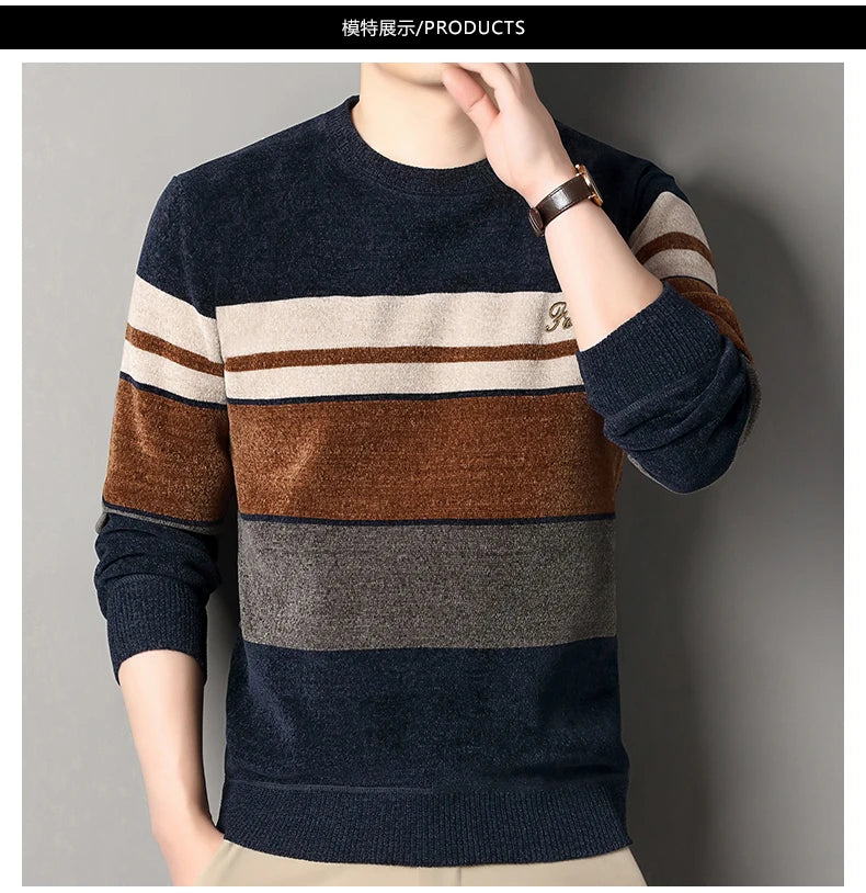 Pull en chenille pour homme, pull en tricot à rayures, haut d'automne et d'hiver, col rond, tricoté