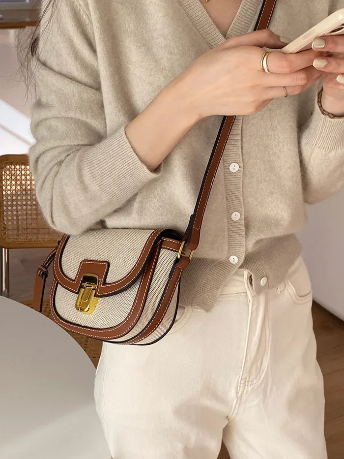 2024 New Small Style Contrast Panel Canvas Retro One Shoulder Crossbody Saddle Bag Handbags