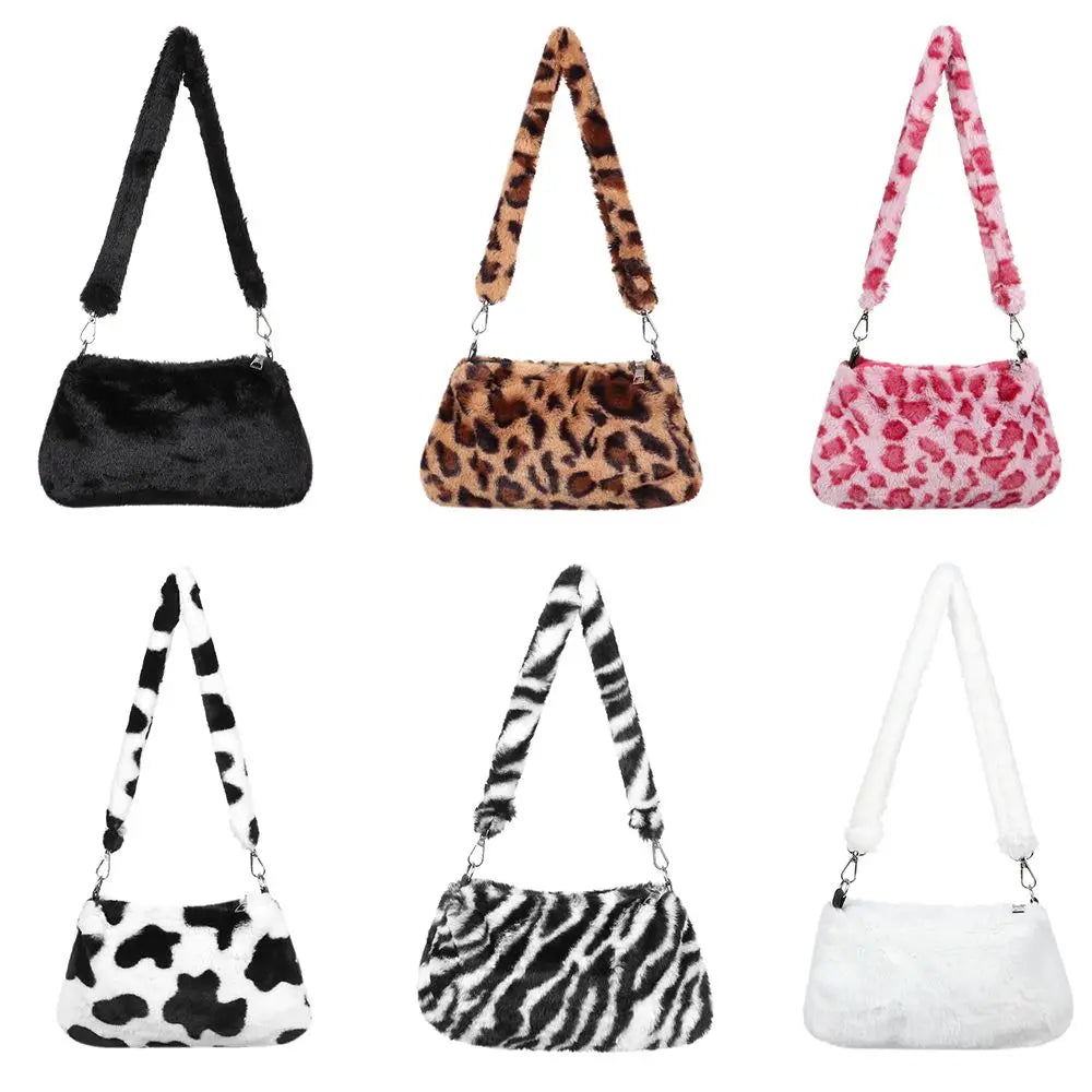 New Women's Casual Shoulder Bag Animal Print Leopard Plush Lady Shoulder Underarm Bag Female Messenger Bag Crossbody Bags