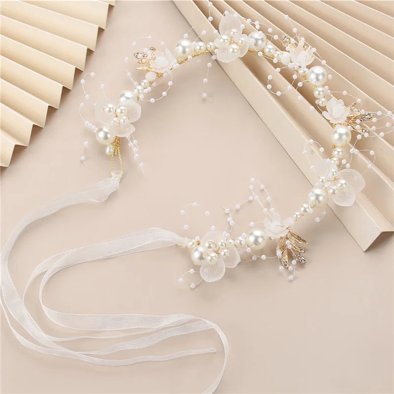 2023 Bride Wedding Hair Accessorie Pearl Flower Headband Girls Crystal Floral Crown Garland Head Hoop Headpiece Hair Jewelry