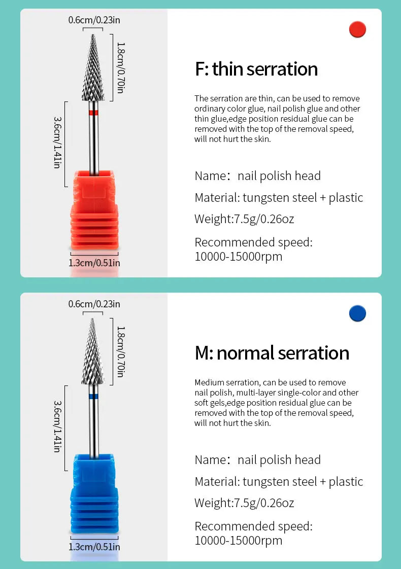 رؤوس مثقاب أظافر من كربيد التنجستن، ملحقات مثقاب مانيكير كهربائي، قواطع طحن لإزالة طلاء الأظافر الجل، أدوات الأظافر