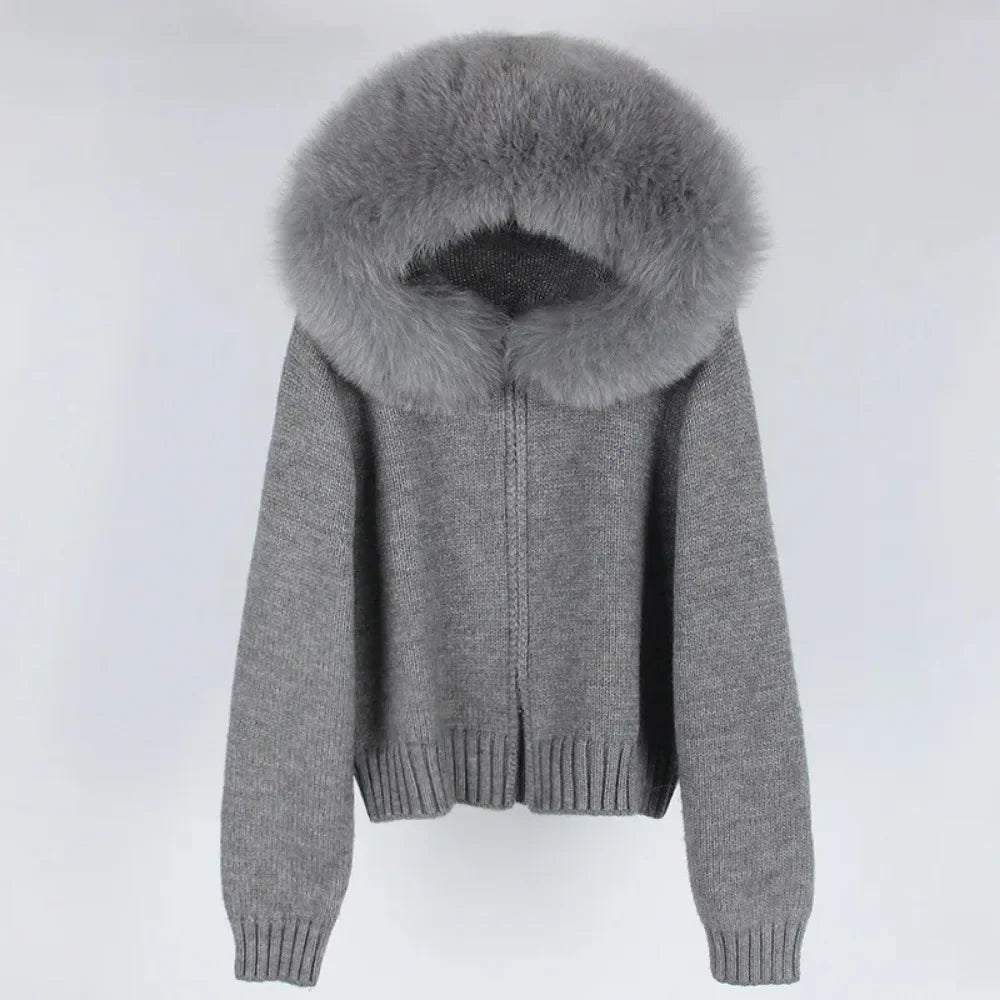 2024 Fashion Autumn Winter Casual Hooded Real Fox Fur Collar Fashion Short Knitted Jacket with Natural Fur Coat for Women