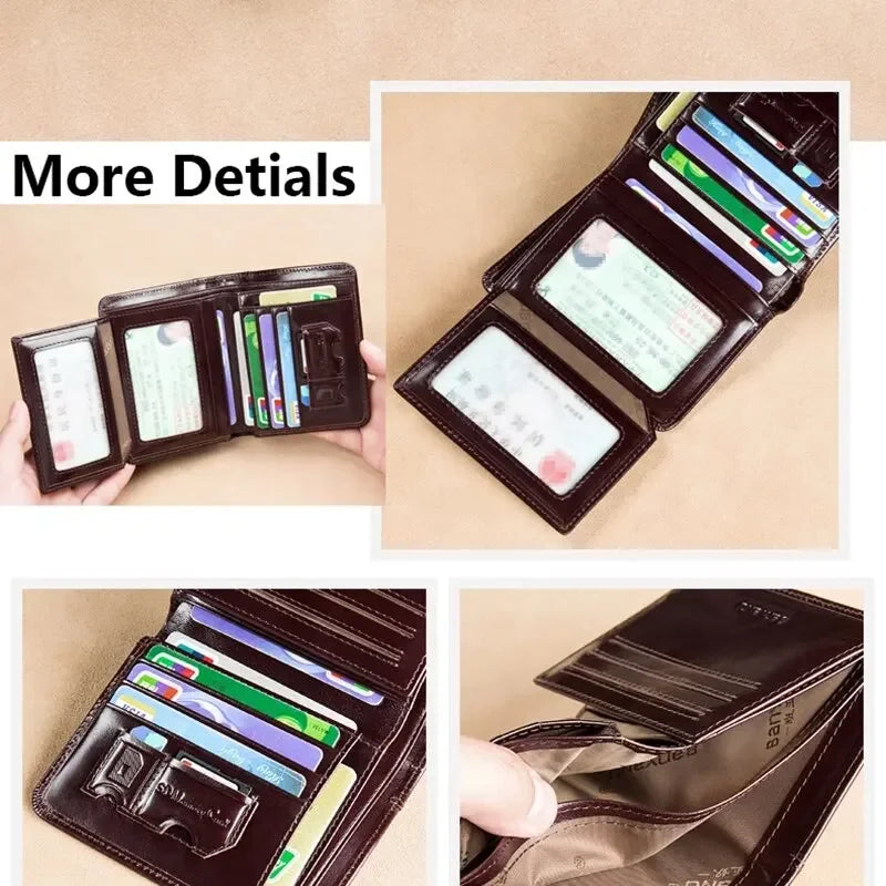 Men's Wallets RFID Blocking Genuine Leather Trifold Business Short Purse Wallet for Men with ID Window and Credit Card Holder