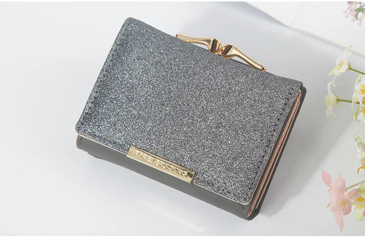 Metal Buckle Ladies Bright Leather Fashion Purse,Women's Short Wallet, Small Shiny Leather Three Fold Leather Wallet Billfold