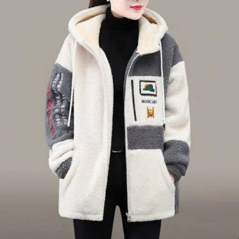 Zipper Closure Lady Coat Women Lightweight Jacket Cozy Hooded Colorblock Jacket Plush Embroidered Stylish Winter Coat for Women