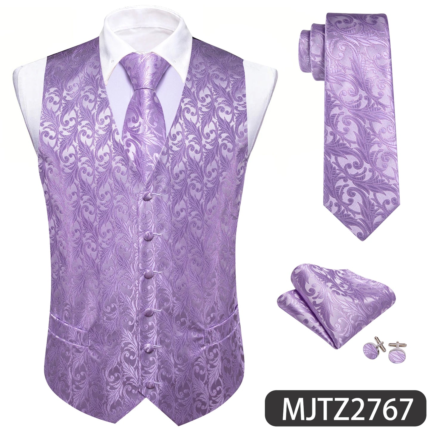 Lilac Purple Violet Lavender Silk Men Vest Tie Hanky Cufflinks Set Woven Waistcoat Sleeveless Jacket Wedding Business Barry.Wang