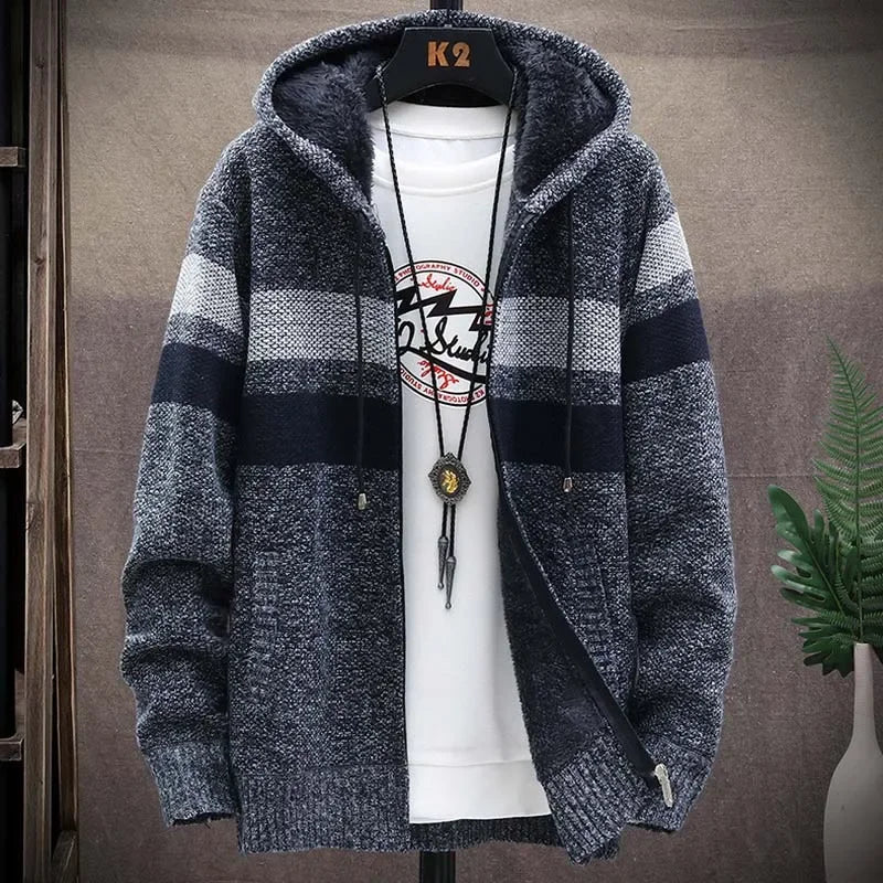 Customized Striped Mens Sweater Coat Thick Fleece Warm Zipper Wool Hooded Cardigan Jumpers Men Long Sleeve Knitted Sweaters