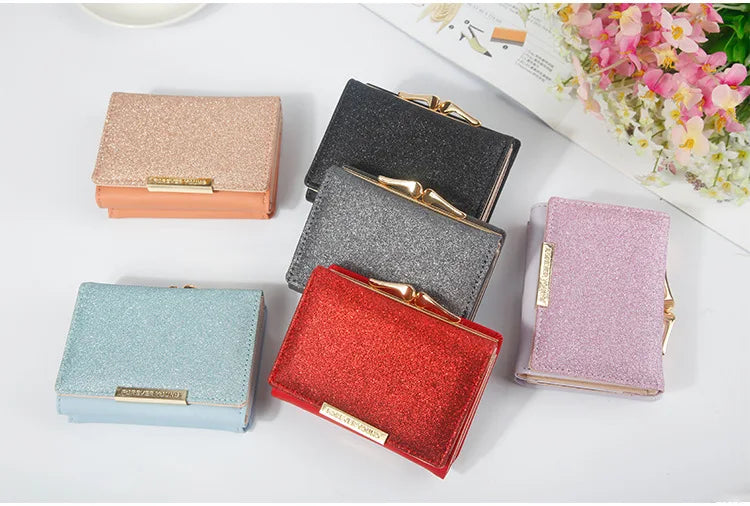 Metal Buckle Ladies Bright Leather Fashion Purse,Women's Short Wallet, Small Shiny Leather Three Fold Leather Wallet Billfold