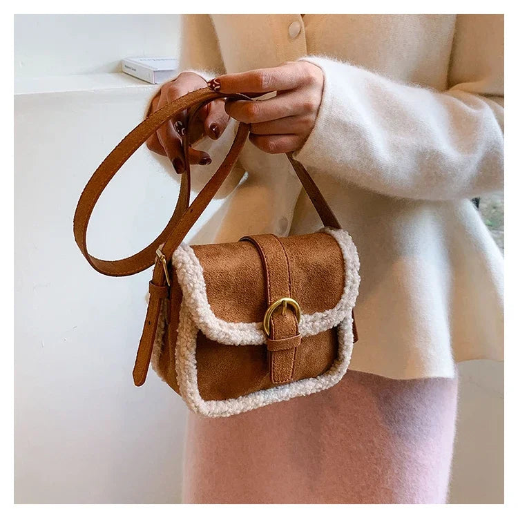 Women's Shoulder Bag Suede and Faux Fur Patchwork Retro Lock Crossbody Bag Small Flap Handbag Brand Designer Tote Bags Handbag