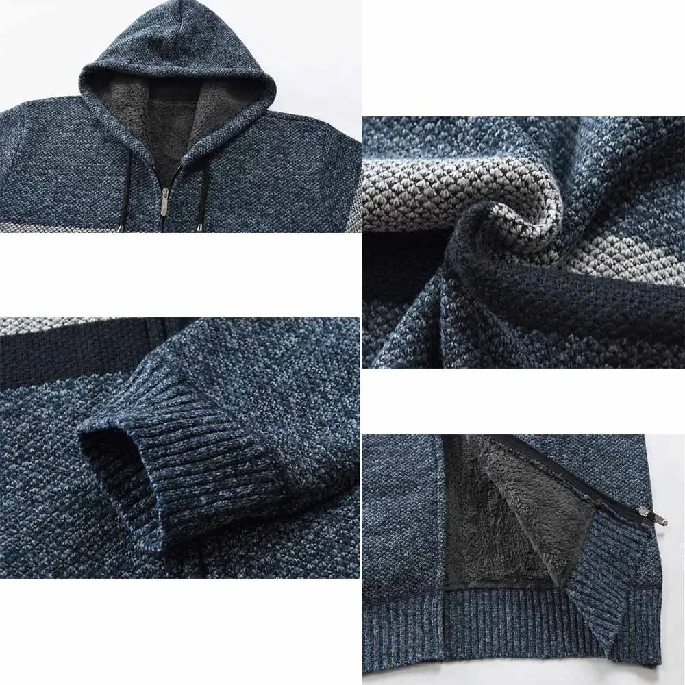 Customized Striped Mens Sweater Coat Thick Fleece Warm Zipper Wool Hooded Cardigan Jumpers Men Long Sleeve Knitted Sweaters