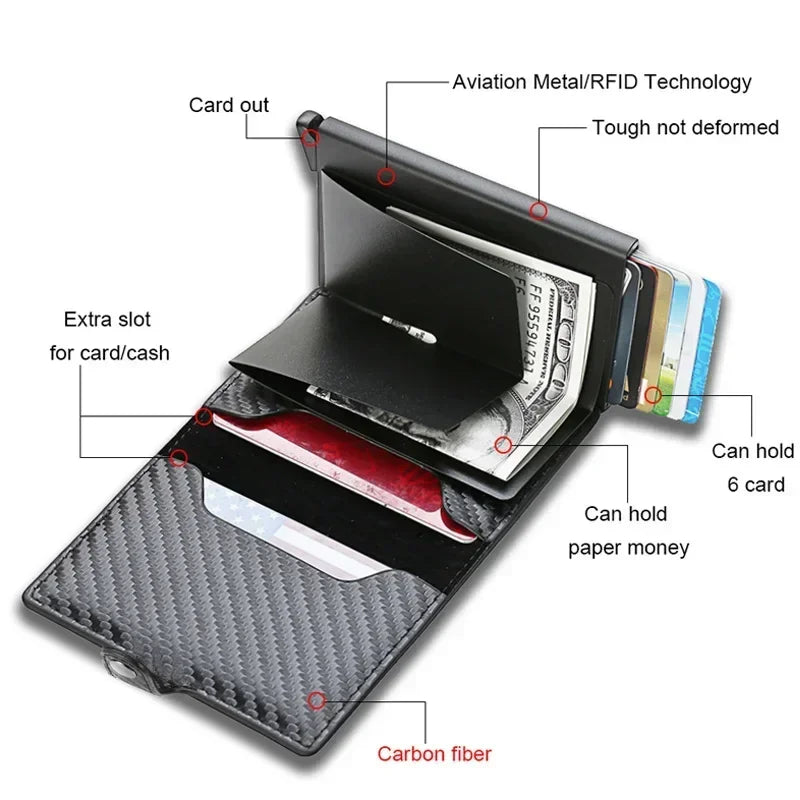 Fashion Business Carbon Fiber Credit Card Holder Wallet Men Rfid Metal Thin Pop Up Minimalist Wallet Small Purse Metal Wallet