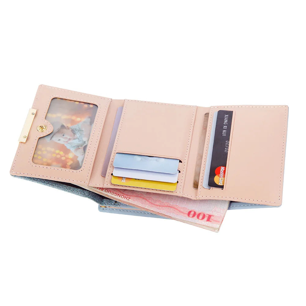 Metal Buckle Ladies Bright Leather Fashion Purse,Women's Short Wallet, Small Shiny Leather Three Fold Leather Wallet Billfold