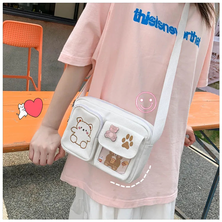 Canvas Small Bag Japanese ins Women Shoulder Bag Cute Funny Personality Embroidery Bear Girl Student Transparent Messenger Bag