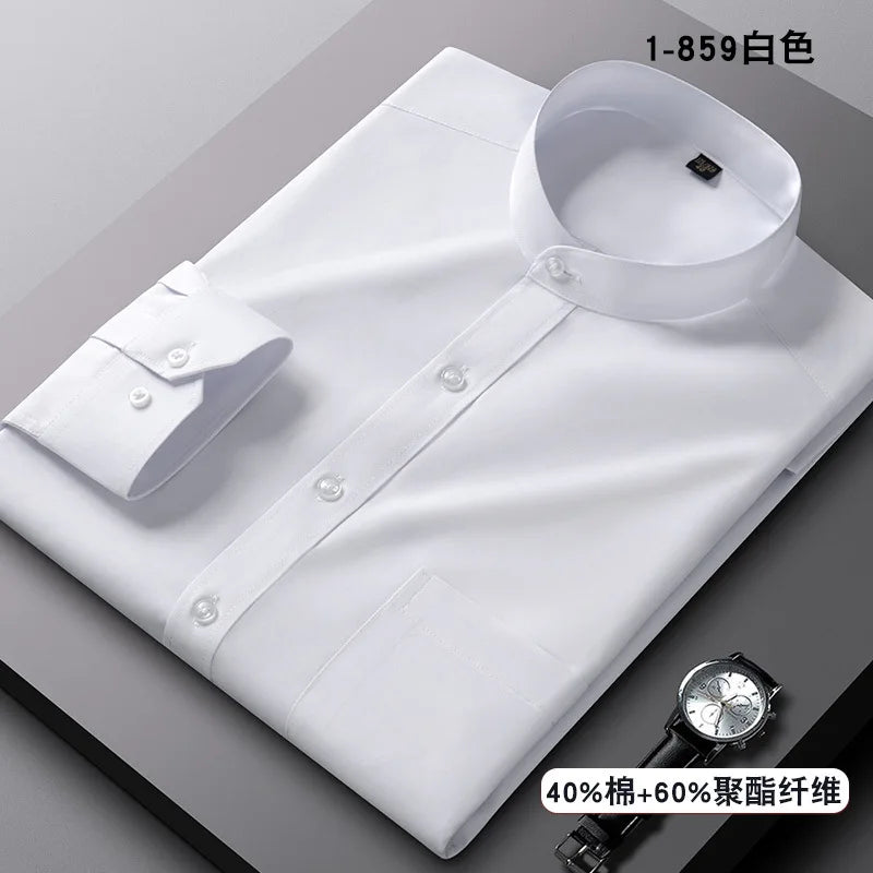 Stand Collar Shirt Men's Long Sleeve Chinese Style Tang Suit Breathable Anti-Wrinkle Easy Care Business Casual Dress Shirts