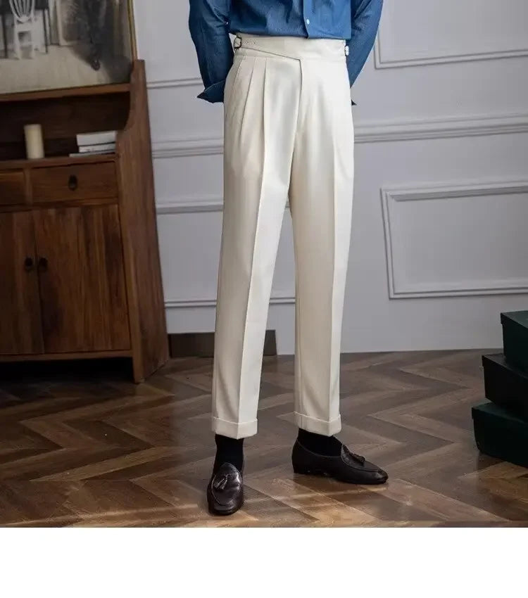 Spring Autumn White Men's Trousers Business Casual Cropped Pants Paris Button Trendy Italian Style