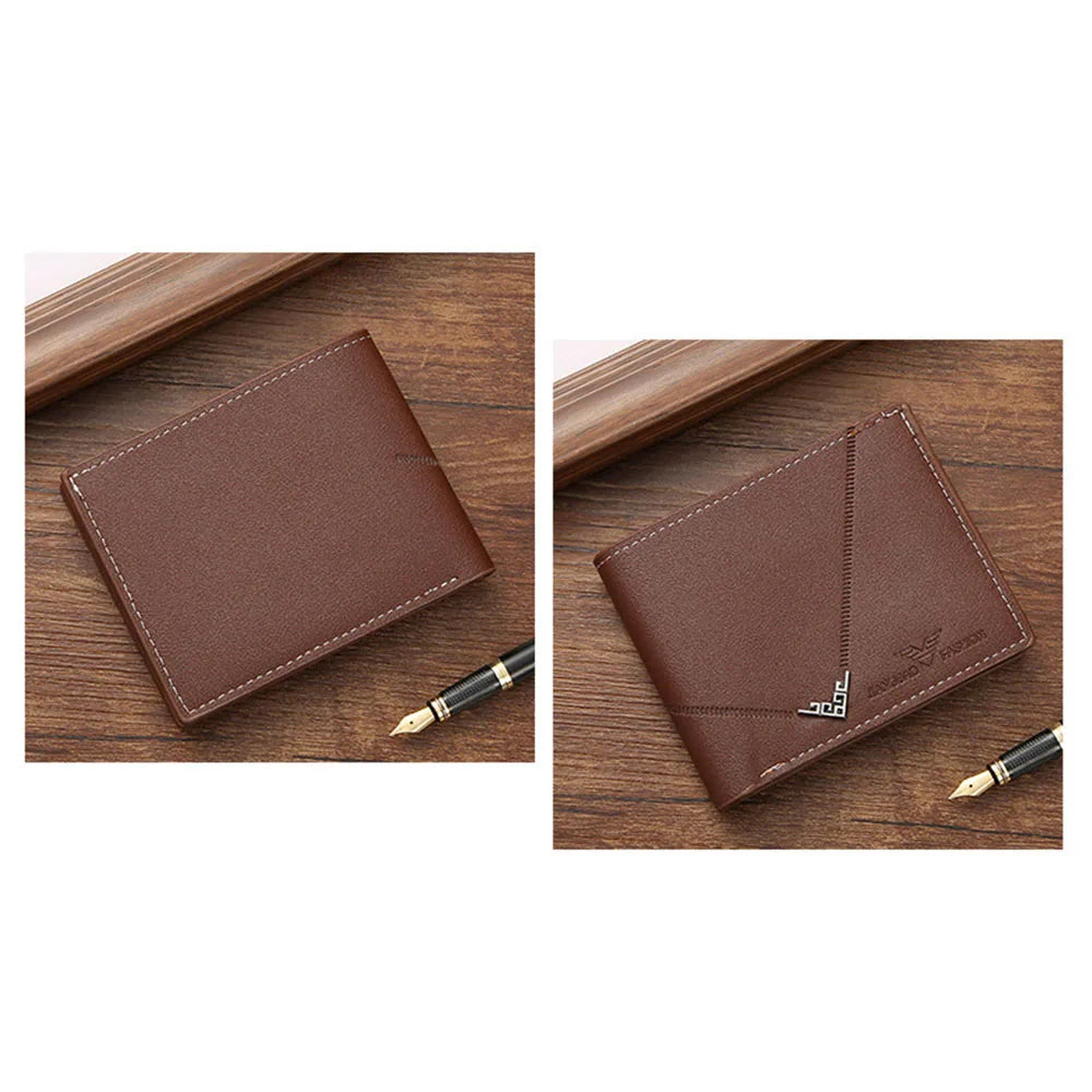 Lychee Texture PU Leather Men's Wallet Short Cash Purse Multi Card Slot Patchwork Card Holder Photo Holder Horizontal Money Clip