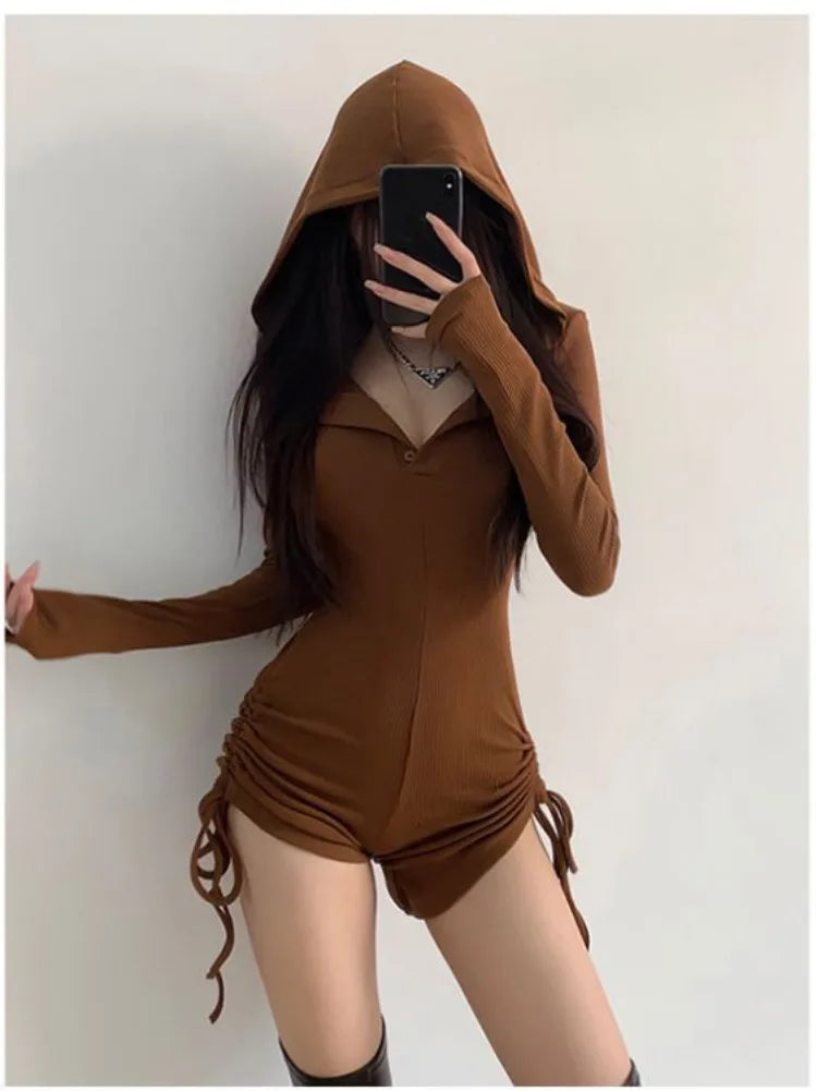 Combinaison à capuche noire style Wasteland pour femme, short d'été à manches longues et cordon de serrage, combinaison slim et épicée pour fille