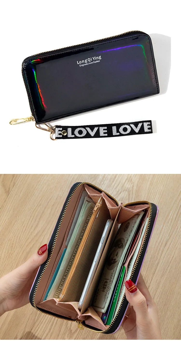 Women's Long Wallet Laser Holographic Wallet Women Long Pu Purse Fashion Female Clutch Large Capacity Zipper Purses Phone Purse