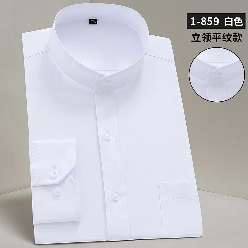 Stand Collar Shirt Men's Long Sleeve Chinese Style Tang Suit Breathable Anti-Wrinkle Easy Care Business Casual Dress Shirts