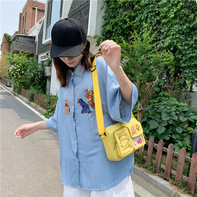 Canvas Small Bag Japanese ins Women Shoulder Bag Cute Funny Personality Embroidery Bear Girl Student Transparent Messenger Bag