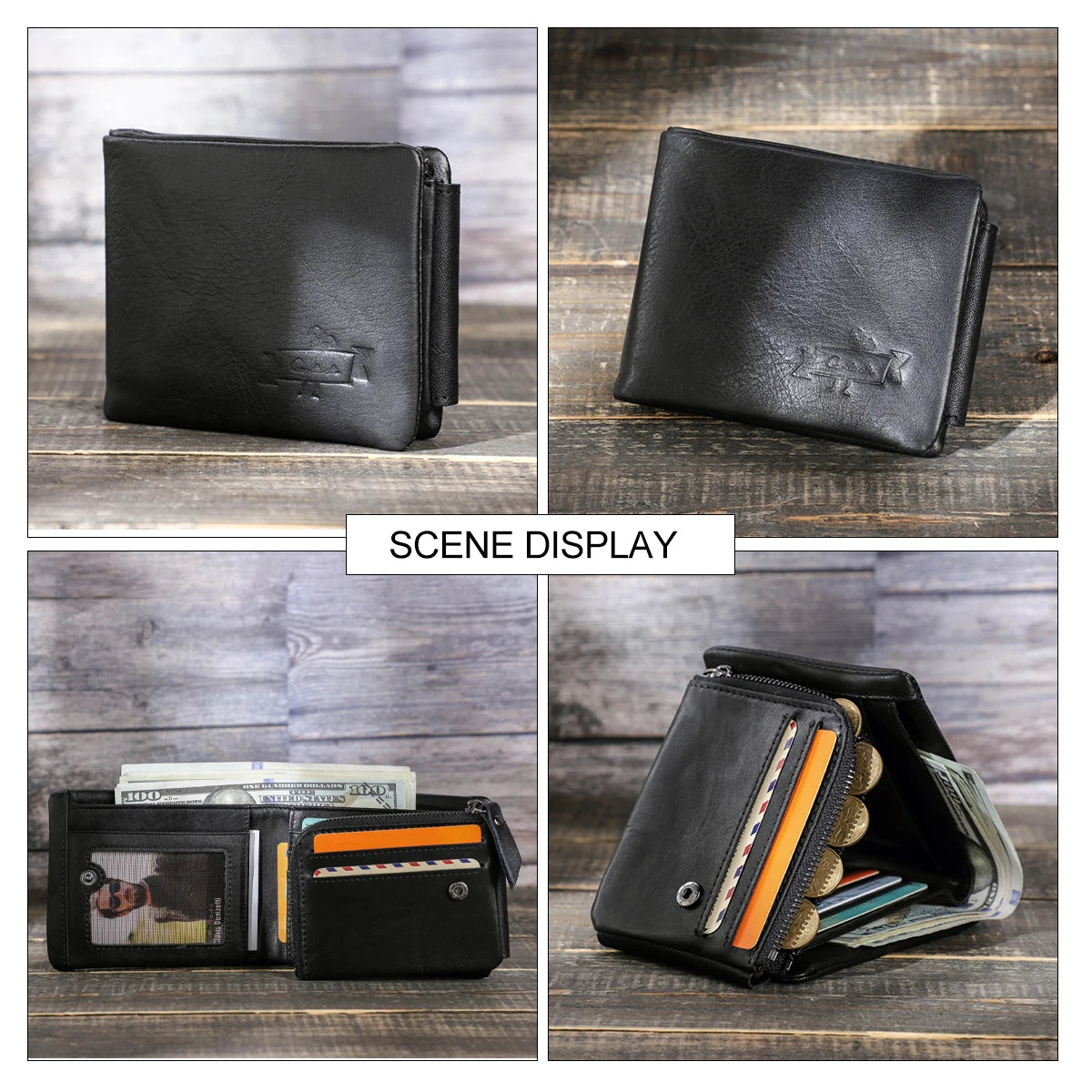 CONTACT'S Genuine Crazy Horse Leather Men Wallets Vintage Trifold Wallet Zip Coin Pocket Purse Cowhide Leather Wallet For Mens