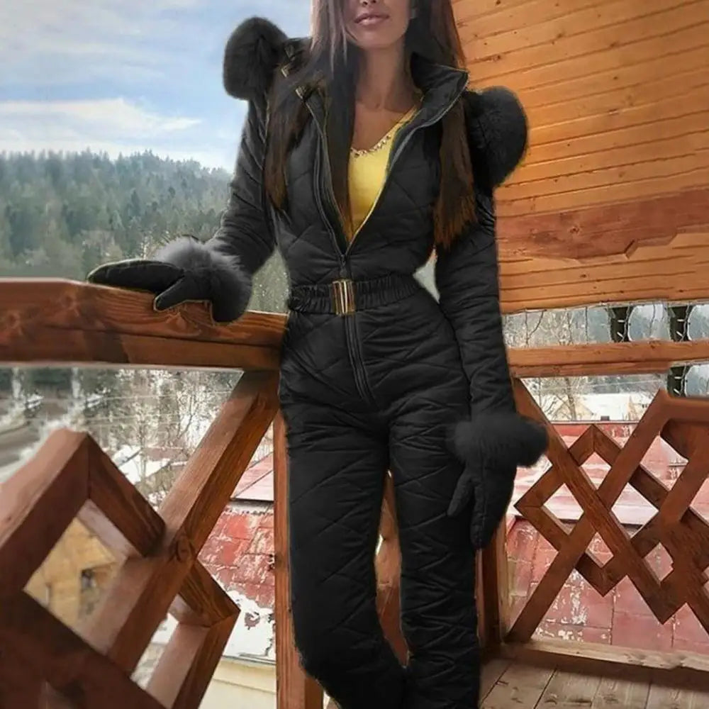 Warm Skiing Zipper Hooded Women Jumpsuit Outdoor Winter Faux Fur Collar Fleece Jumpsuit