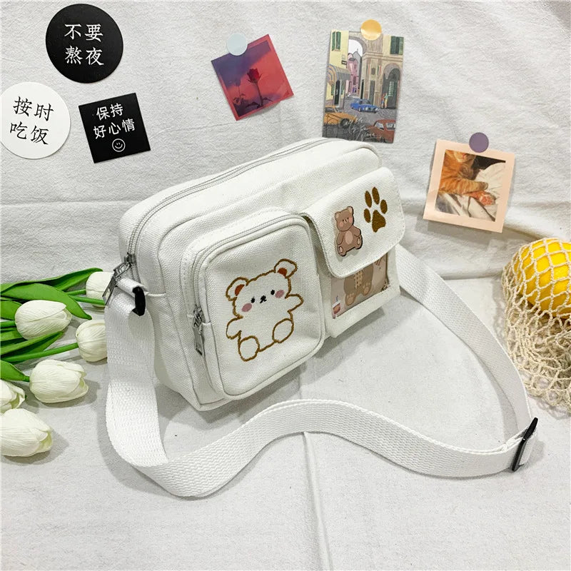 Canvas Small Bag Japanese ins Women Shoulder Bag Cute Funny Personality Embroidery Bear Girl Student Transparent Messenger Bag