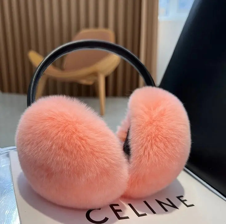 100% Natural Fur Ear Muffs for Women Winter Fur Headphones Soft Warm Cable Furry Real Rex Rabbit Ear Covers for Cold Weather