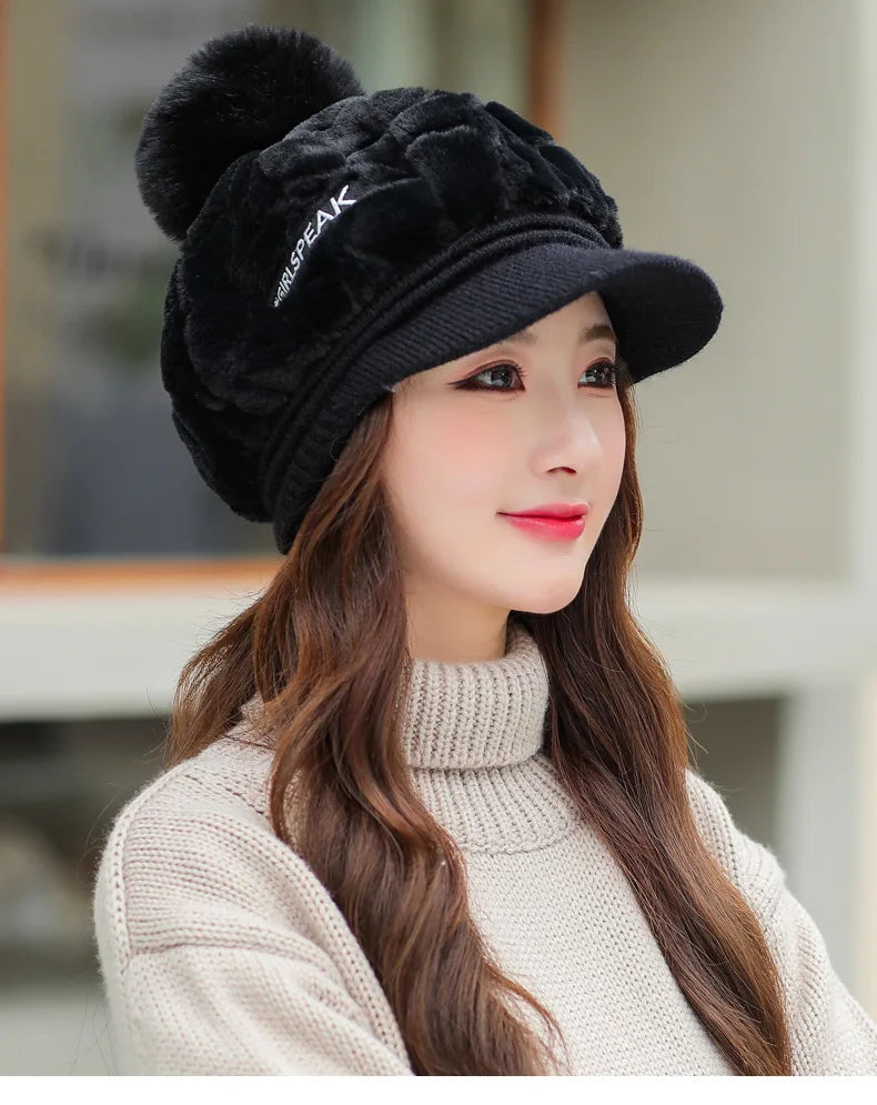 Autumn and winter new women's hats fashion wild plush warm duck tongue hat cute hairball cold protective ear cap