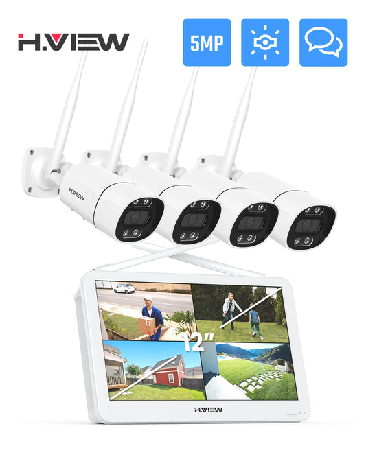 H.VIEW 3MP 5MP WiFi Security Camera Two-Way Audio System Kit Wireless CCTV System NVR with 12" LCD Monitor Outdoor