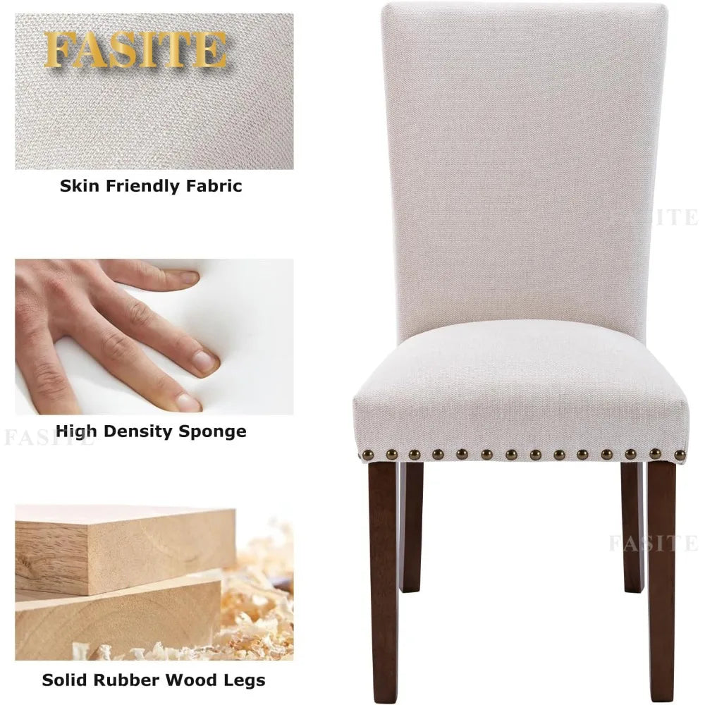 Set of 4, Fabric Dining Room Kitchen Side Chair with Nailhead Trim and Wood Legs - Beige