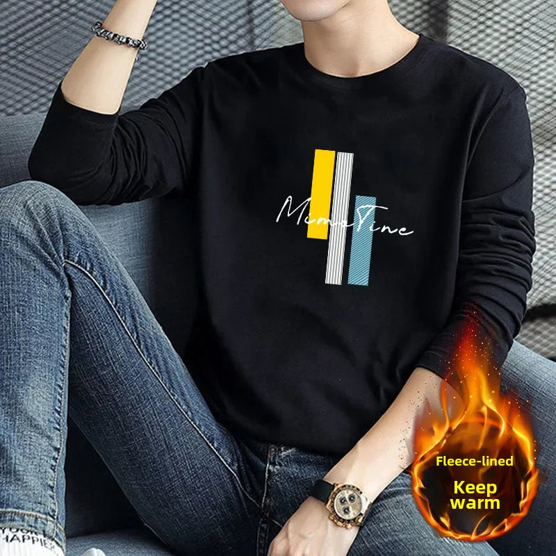 Men's Long Sleeve Fleece-lined T-shirt Winter Stylish Printing Versatile Single Item Jacket Sweatshirt Base Layer Quality