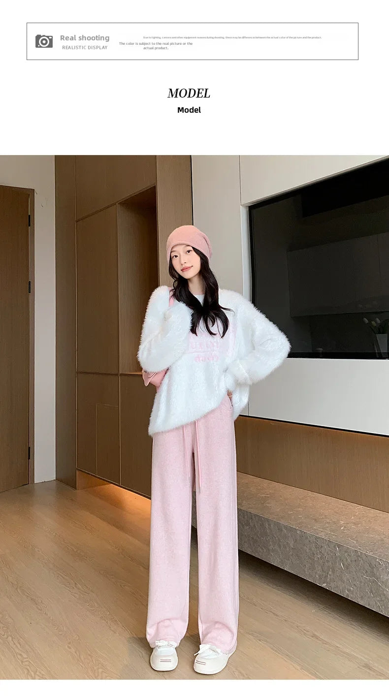 Women's Winter Thickened Fleece-lined Bell Bottoms Casual Straight-leg Pants High-waisted Draped Rice Cake Trousers New Model