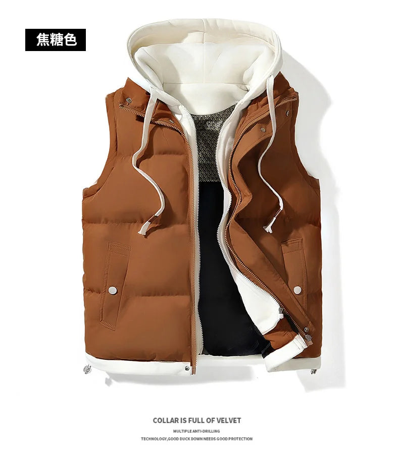 Korean Fashion Hooded Vest for Men Autumn Winter Casual Sleeveless Men Coats Windproof Sleeveless Men Cotton Jacket with Hood