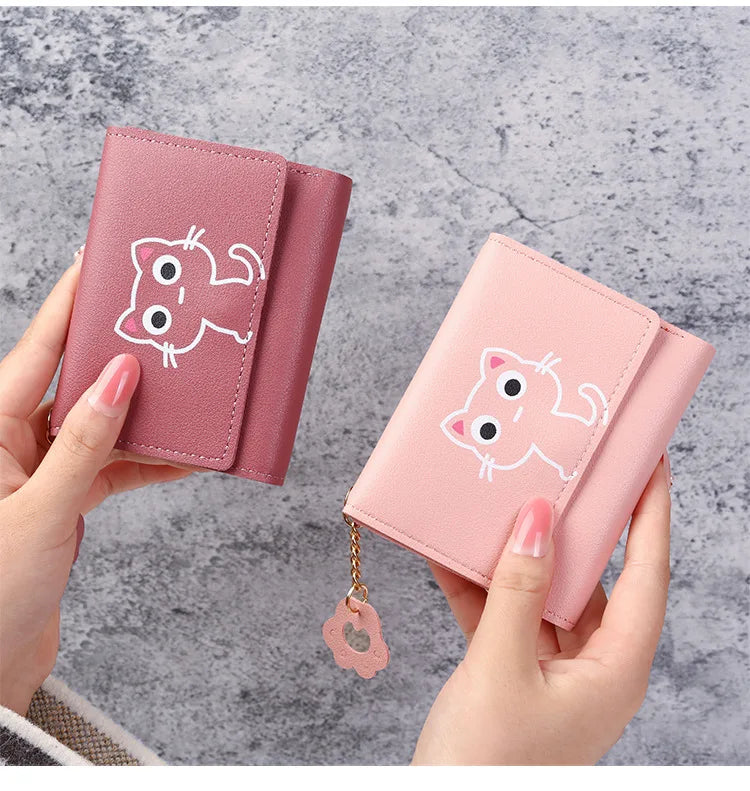 2023 New Women's Wallet Cute Cat Short Wallet Leather Small Coin Purse Girls Money Bag Card Holder Ladies Female Hasp Wallet