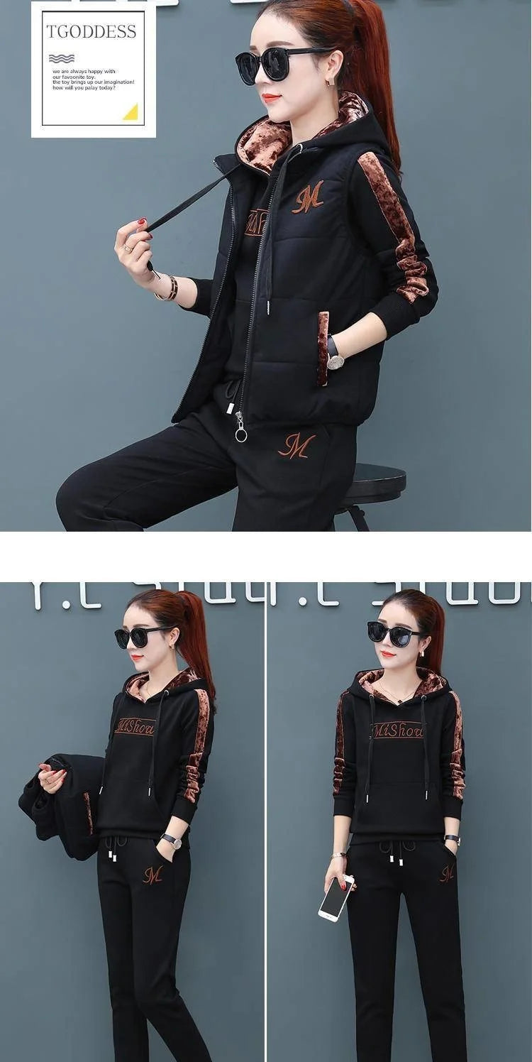 2024 Autumn Winter New Women's Casual Sweat Suit Fashion Plush Thickened Hooded Tops Waistcoat Pants 3 Three Piece Set For Women