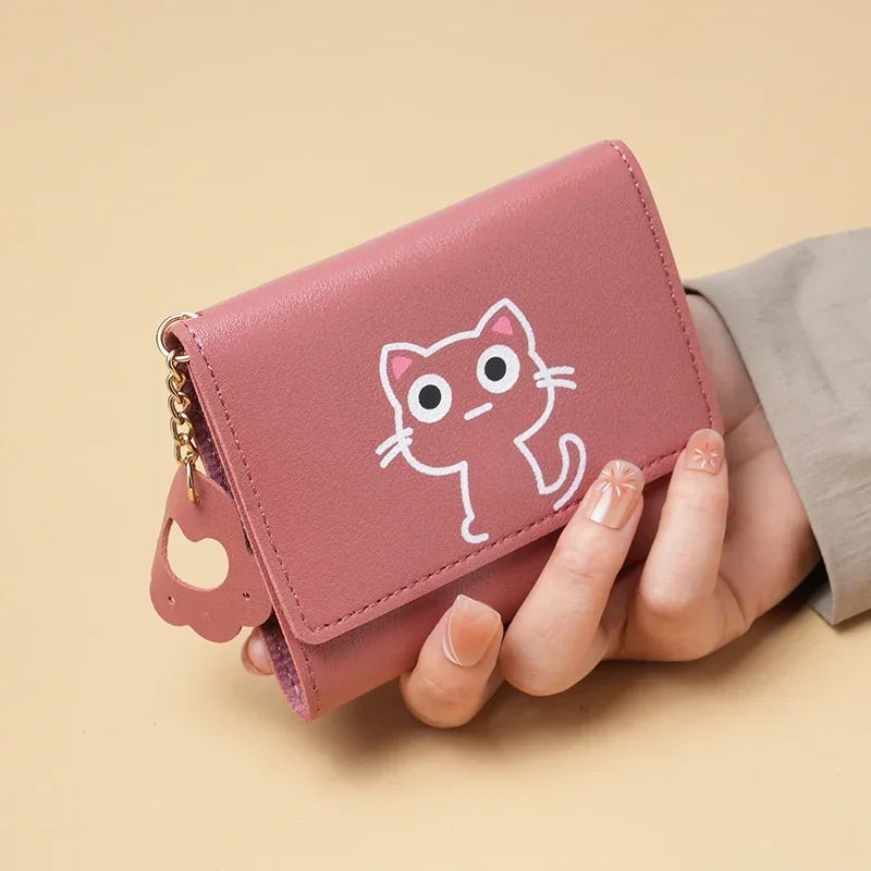 New Women Fashion Wallet Cute Cartoon Cat Girl Credit Card Coin Holder Money Short Purses PU Leather Large Capacity Ladies Purse