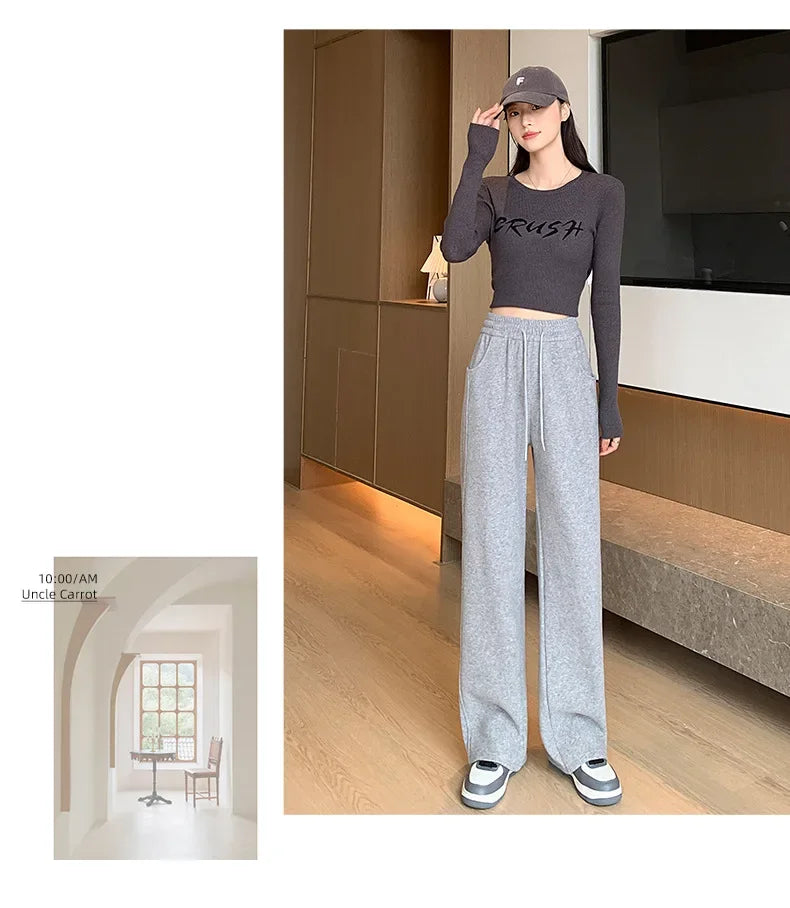 Women's Winter Thickened Fleece-lined Bell Bottoms Casual Straight-leg Pants High-waisted Draped Rice Cake Trousers New Model