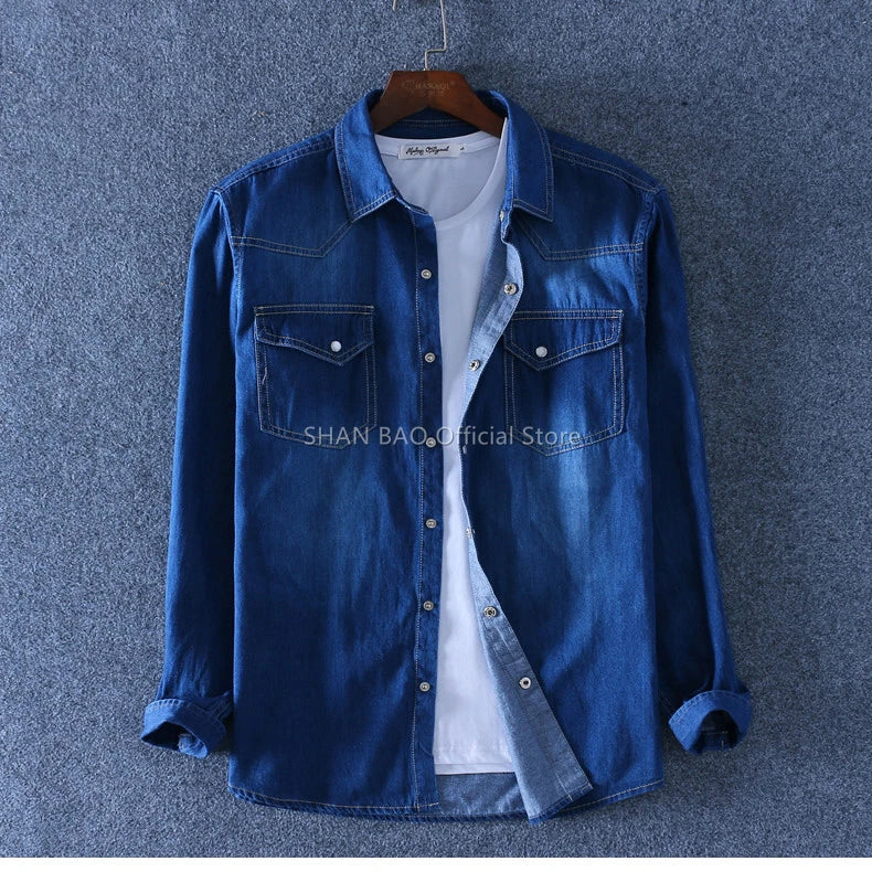 SHAN BAO classic brand double pocket button 100% cotton denim shirt 2022 spring high quality men's slim long-sleeved shirt