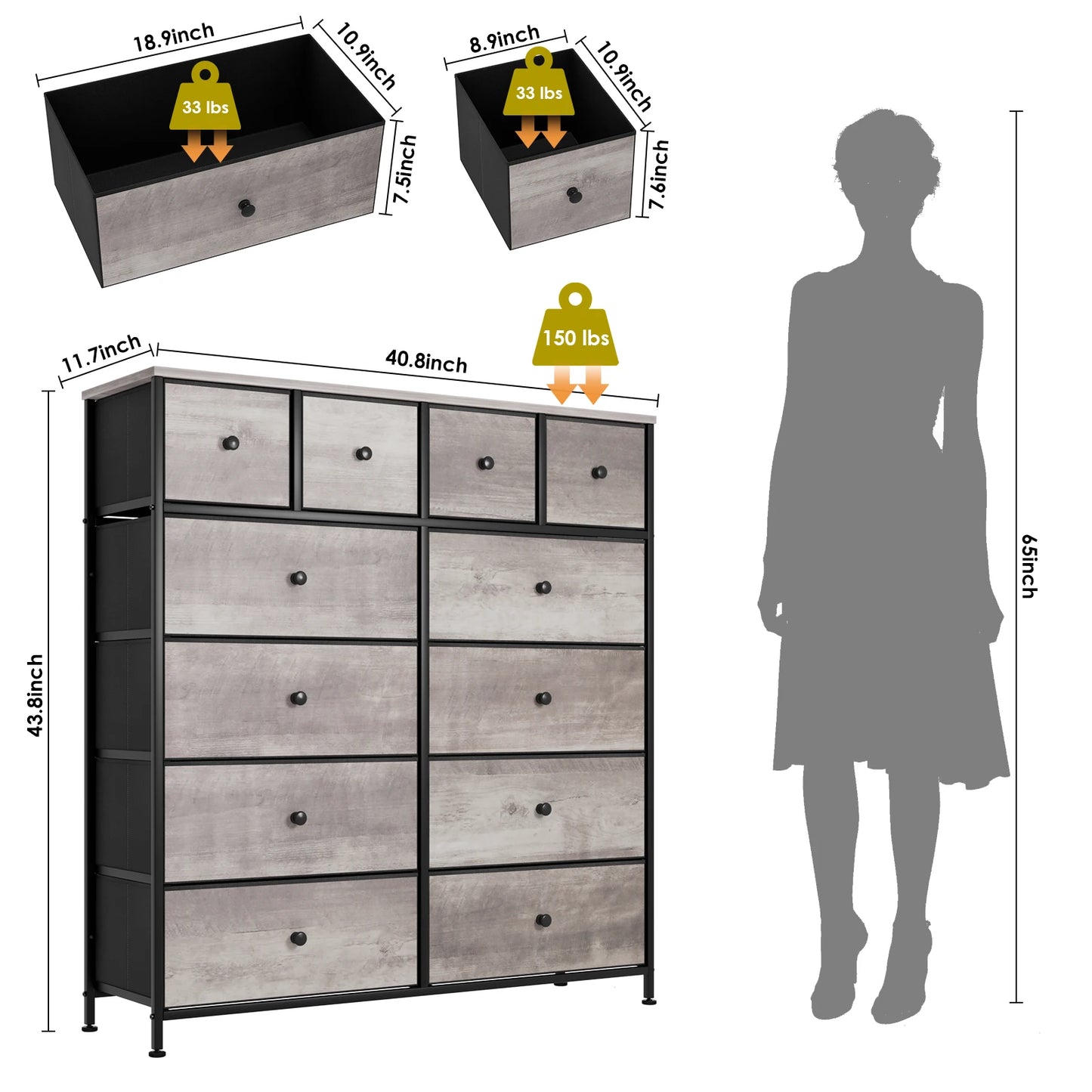 Dresser for Bedroom 12 Drawer Double Dresser, Storage Tower with Fabric Bins, Chest of Drawers for Closet, Living Room,Hallway