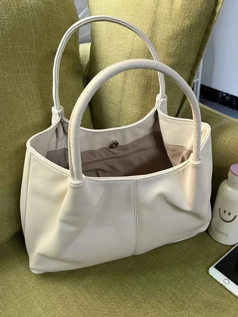 Simple White Shoulder Bag 2023 Women's PU Leather Soft Underarm Tote Bag School Large Capacity Bag Full Student Shopping Handbag