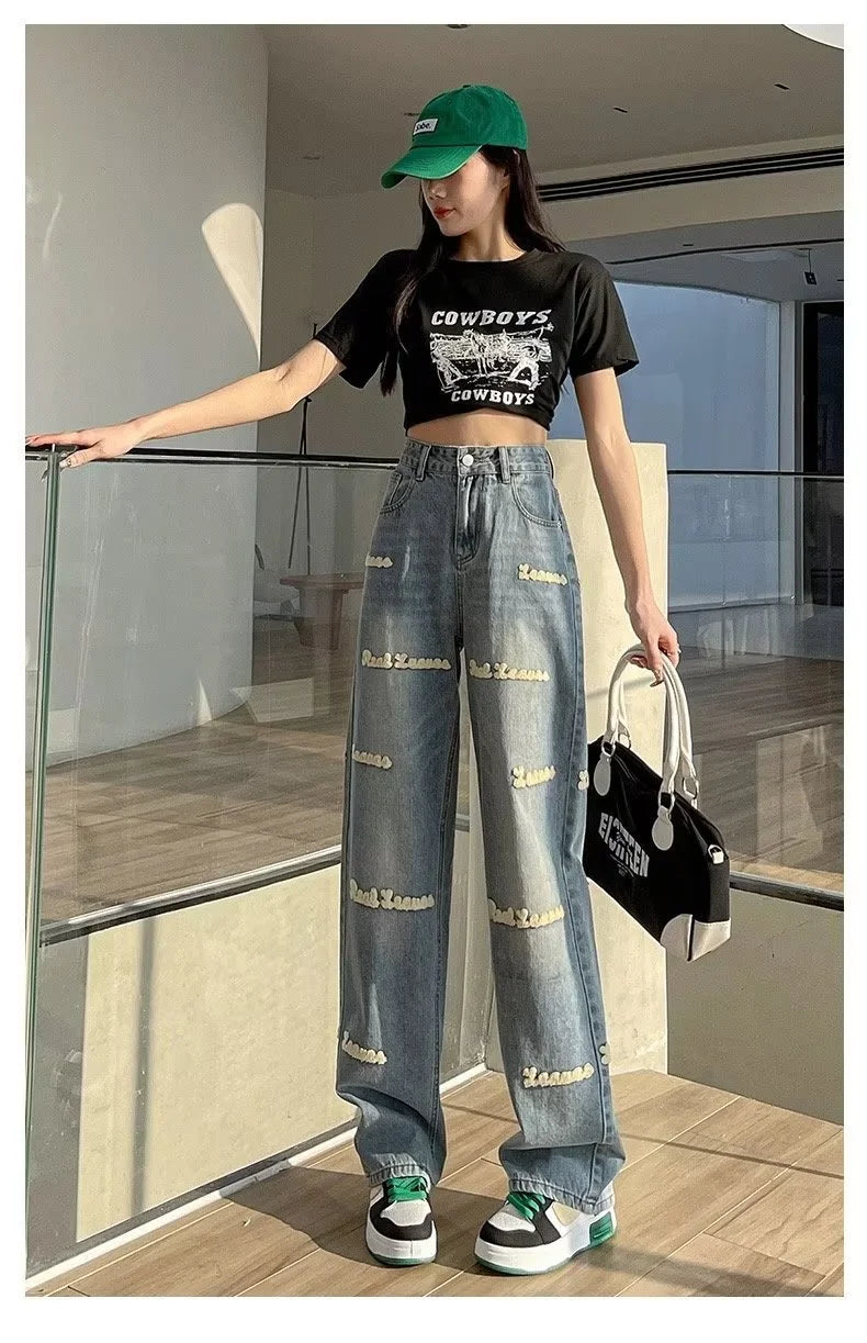 Loose Embroidered High-waist Women Jeans Spring Season Design Letter Straight Crotch Pants Slim Fit Dragging Long Pants