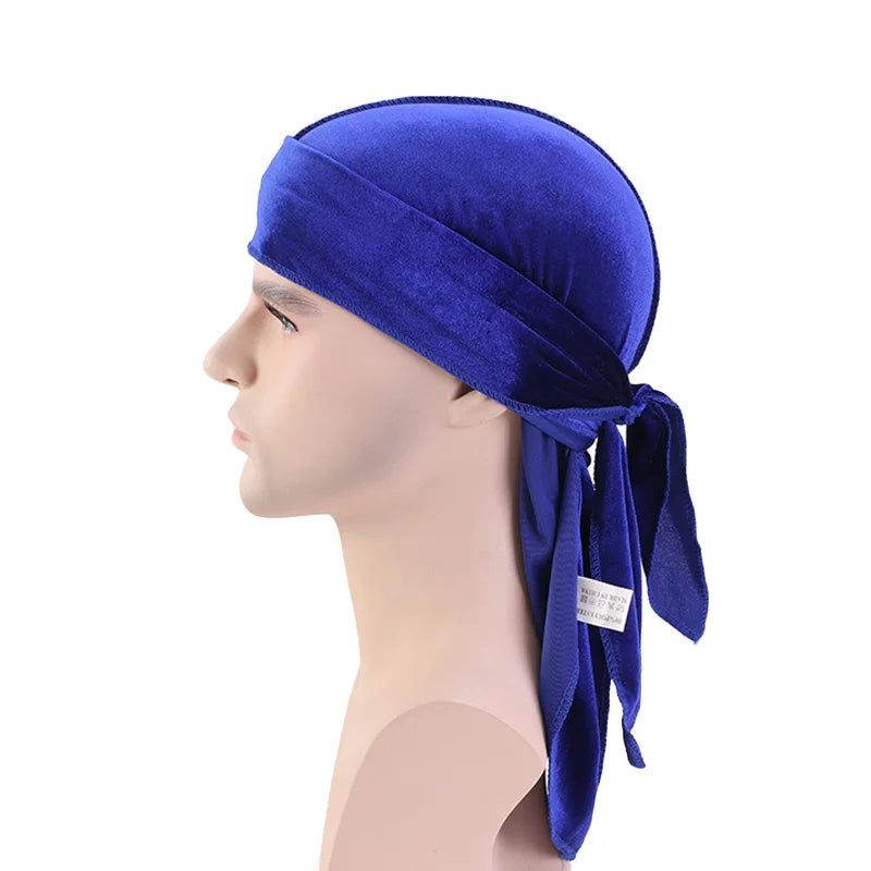 New Unisex Velvet Durags Bandana Turban Hat Men Women Breathable Long Tail Pirate Hats Cap Hip Hop Headband