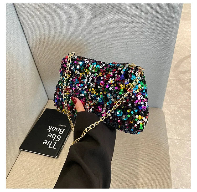 Sequins Crossbody Chain Bag Simple INS Solid Color Sequins Shoulder Bag Underarm Bag Phone Purse Evening Clutch Bags Handbag