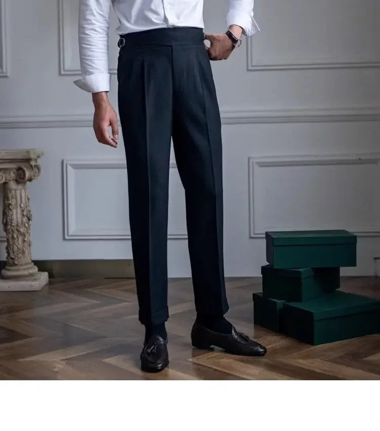 Spring Autumn White Men's Trousers Business Casual Cropped Pants Paris Button Trendy Italian Style