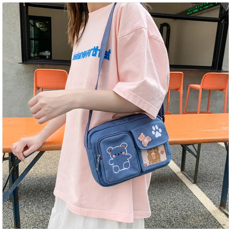 Canvas Small Bag Japanese ins Women Shoulder Bag Cute Funny Personality Embroidery Bear Girl Student Transparent Messenger Bag