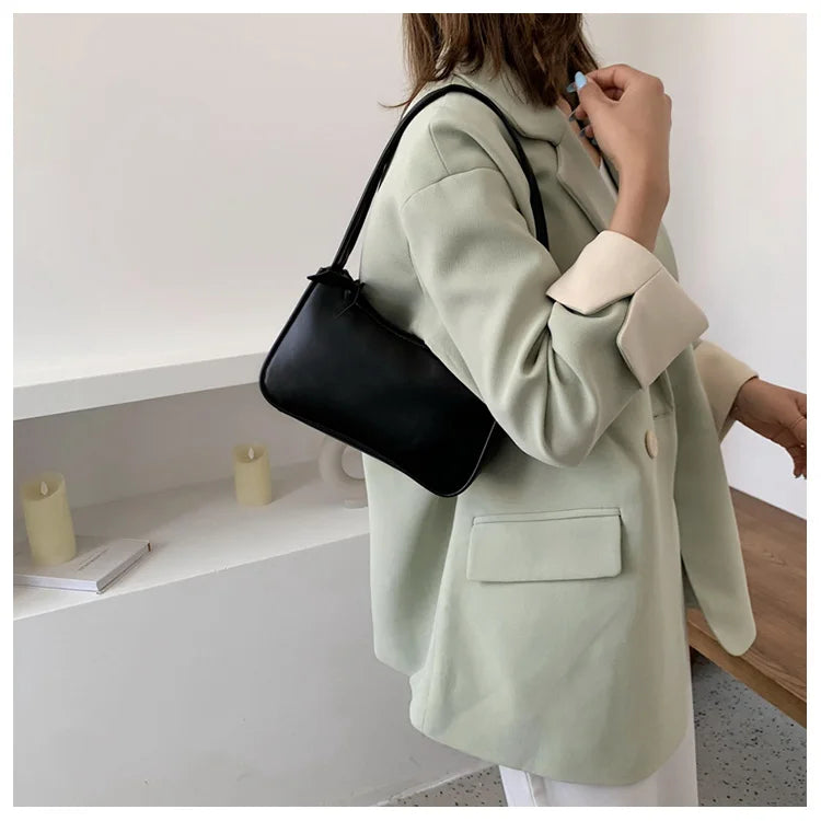 Retro Soft PU Leather Women Shoulder Underarm Bags Casual Solid Color Small Top-Handle Handbags Ladies Fashion Shoulder Bags